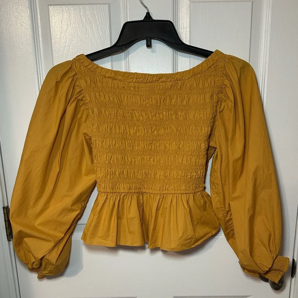 Free People Yellow Smocked Poplin Off The Shoulder Top SP Puff Sleeve Boho